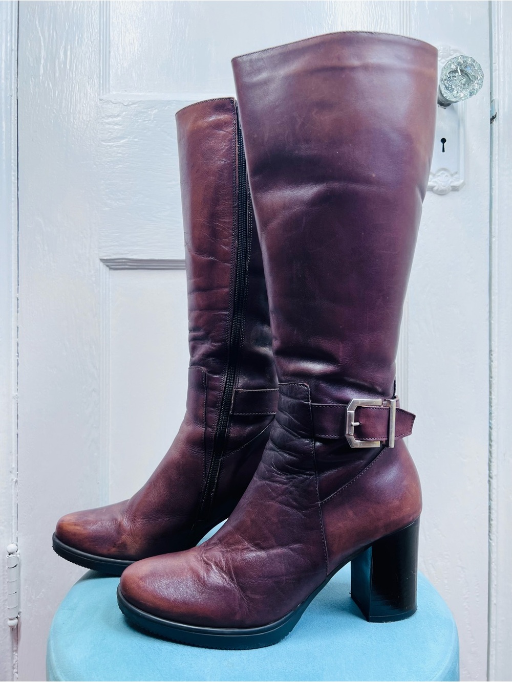 Classic Vintage Brown Knee High Riding Boots with Ankle Strap Buckle Size 39